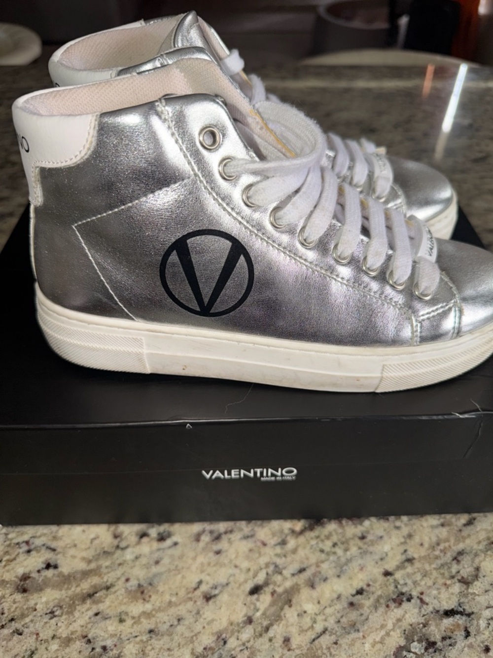Valentino Kids Metallic Silver High-Top Sneakers
